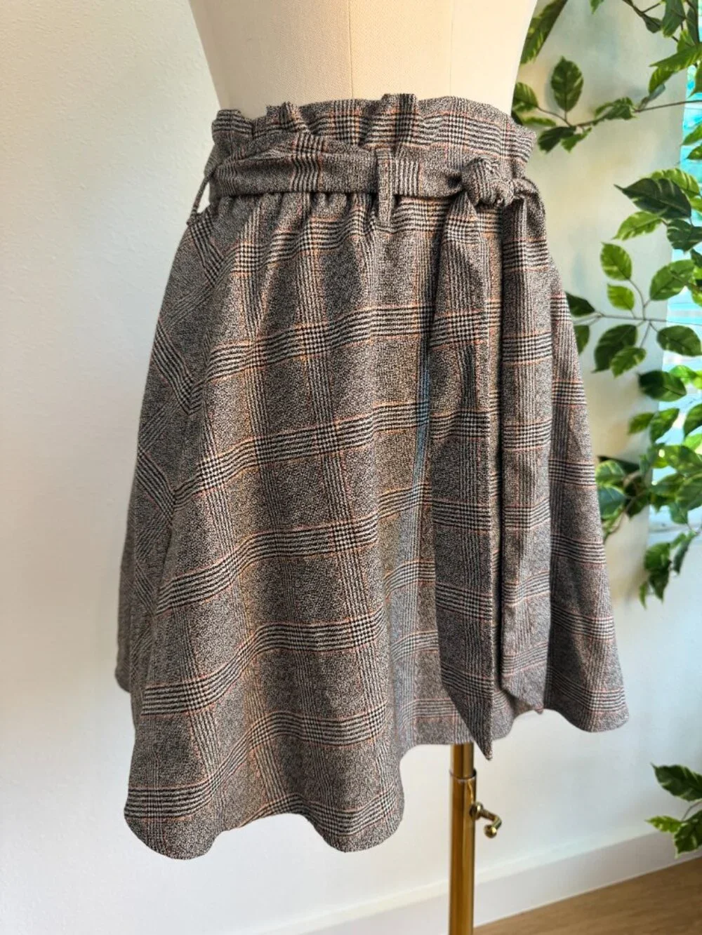 H&M Plaid Paperbag Waist Mini Skirt Tie Belt Houndstooth